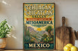 A vintage-style poster advertising the Tehuacan-Cuiclan Valley, which is described as the "Original Habitat of Mesoamerica" and "Mexico", is displayed on a wall next to a wooden cutting board and some potted plants.