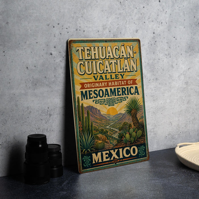 A vintage-style metal sign advertising the Tehuacan-Cuicatan Valley, which is described as the original habitat of Mesoamerica, is displayed on a table.