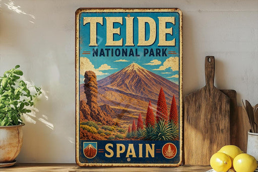 A vintage-style metal sign for Teide National Park in Spain, featuring a mountain landscape with a pine tree and other vegetation.