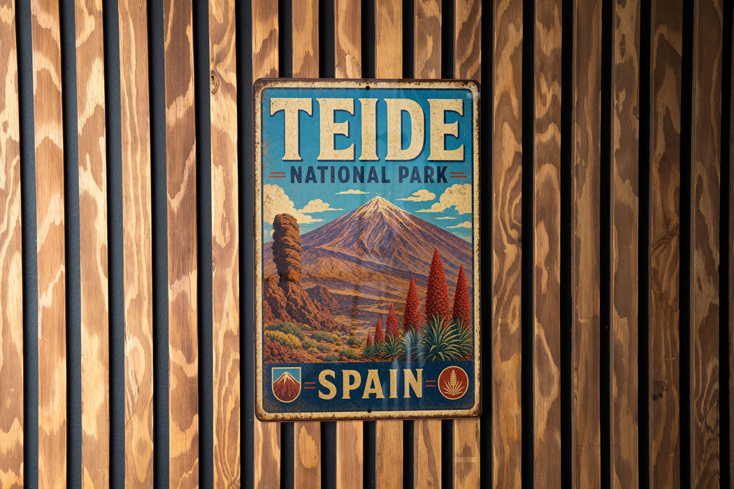 A vintage-style metal sign for Teide National Park in Spain, featuring a mountain landscape with a prominent peak and a blue sky with clouds.