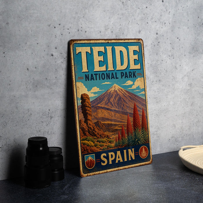 A vintage-style metal sign for Teide National Park in Spain, featuring a mountain landscape and text indicating the location.