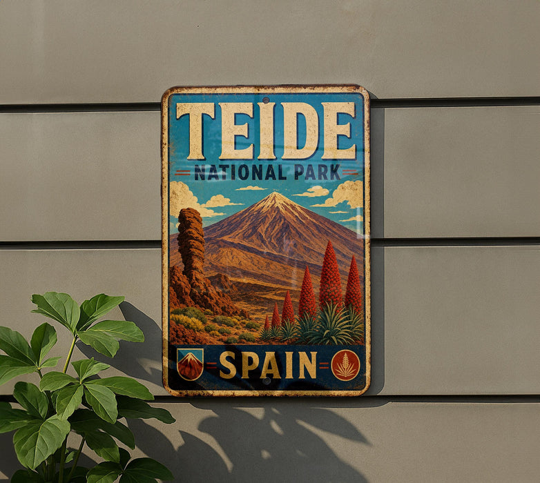 A vintage-style metal sign for Teide National Park in Spain, featuring a mountain landscape with a prominent peak and a blue sky with clouds.
