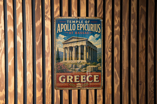 A vintage metal sign displaying the Temple of Apollo Epicyclus at Bassae, with the text "TEMPLE OF APOLLO EPICURIUS AT BASSAE" and "GREECE" below the image of the temple.