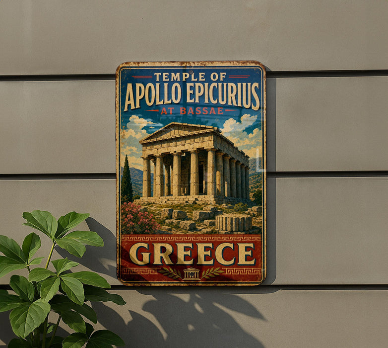 A vintage-style sign for the Temple of Apollo Episcus at Bassae in Greece, featuring an illustration of the ancient Greek temple against a backdrop of mountains and a blue sky.