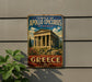 A vintage-style sign for the Temple of Apollo Episcus at Bassae in Greece, featuring an illustration of the ancient Greek temple against a backdrop of mountains and a blue sky.