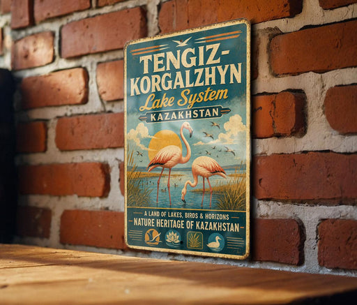 A vintage metal sign with a pink flamingo and text, mounted on a brick wall.