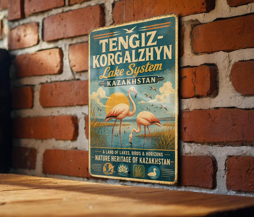 A vintage metal sign with a pink flamingo and text, mounted on a brick wall.