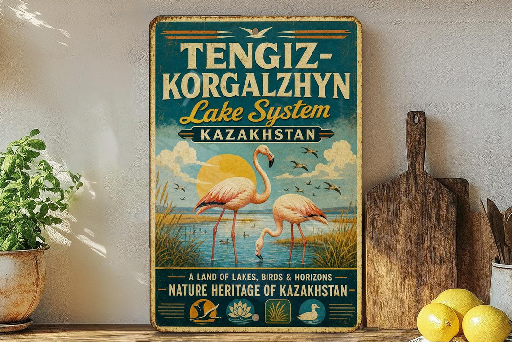 A vintage-style sign for the Tengiz-Korgalzhyn Lake System in Kazakhstan, featuring a flamingo and a serene landscape.