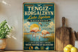 A vintage-style sign for the Tengiz-Korgalzhyn Lake System in Kazakhstan, featuring a flamingo and a serene landscape.