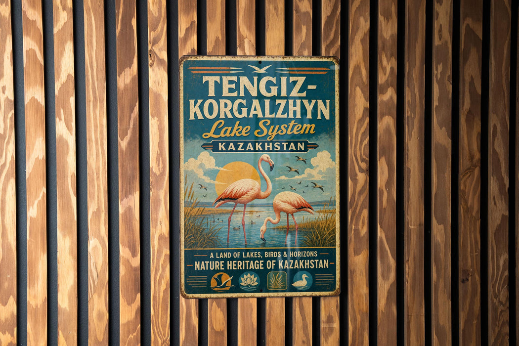 A vintage metal sign with text and illustrations, mounted on a wooden wall.