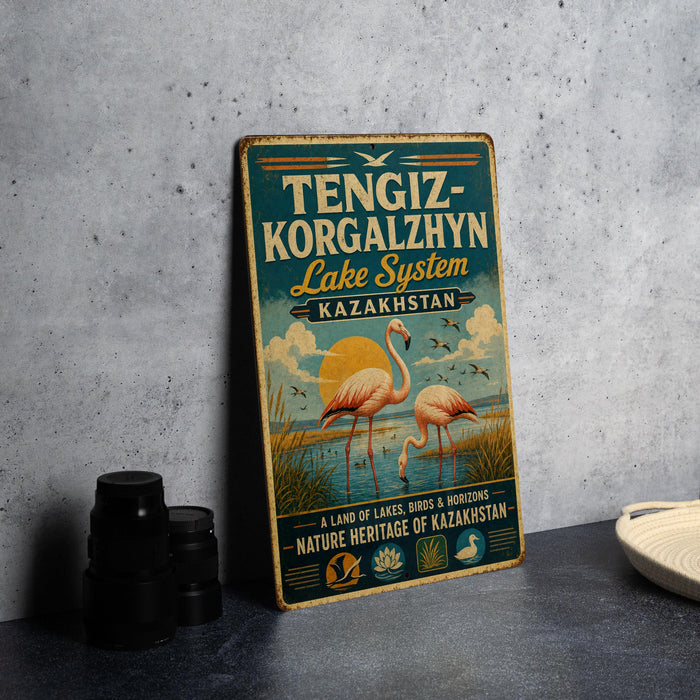 A vintage-style metal sign with a colorful illustration of flamingos and text in a foreign language, placed on a gray countertop next to some black camera lenses.