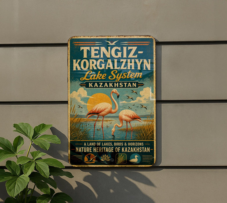 A vintage metal sign with text and illustrations, mounted on a wall next to a plant.