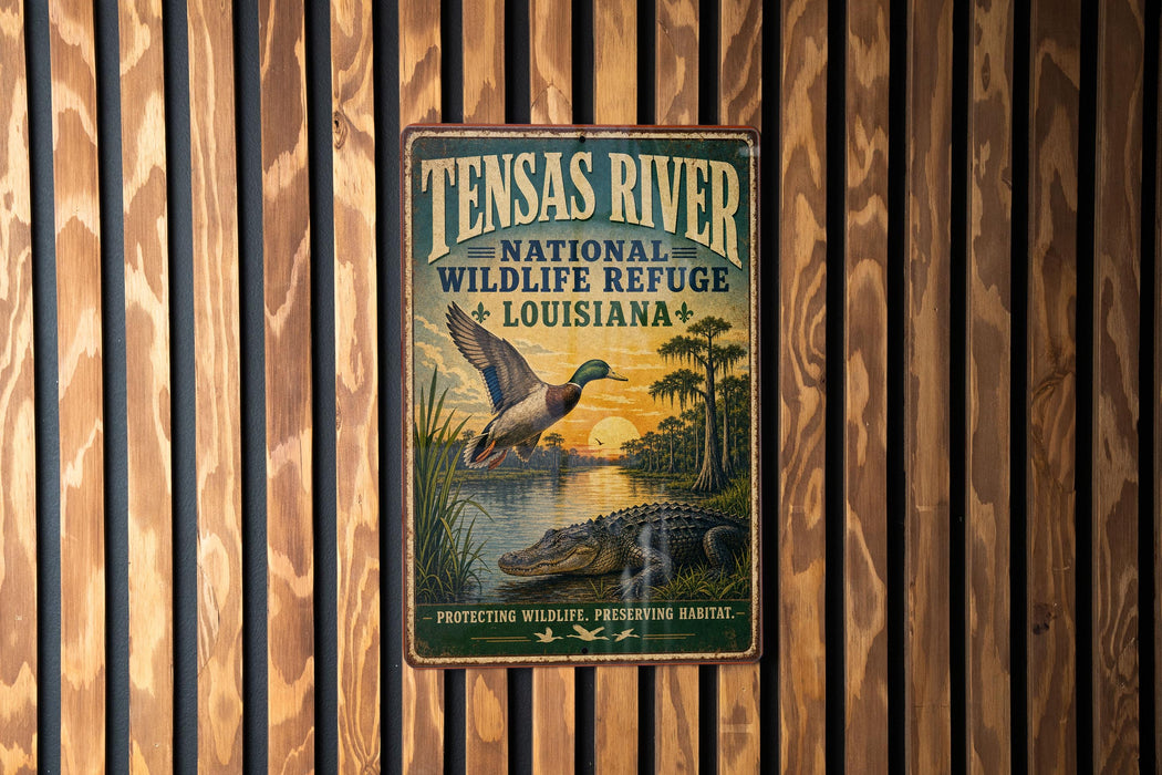A vintage-style metal sign for the Tensas River National Wildlife Refuge in Louisiana, featuring a duck and alligator in a natural setting.