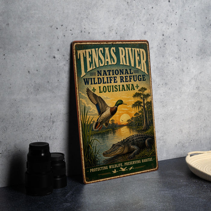 A vintage-style metal sign for the Tensas River National Wildlife Refuge in Louisiana, featuring an illustration of a duck and alligator in a natural setting.