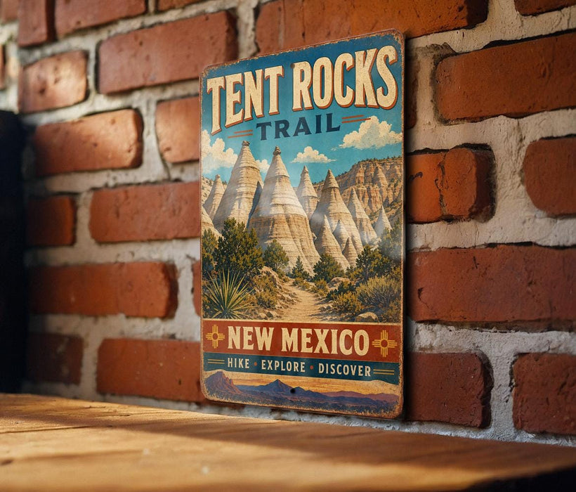 A vintage-style sign for the Tent Rocks Trail in New Mexico, featuring a scenic illustration of the rock formations and desert landscape.