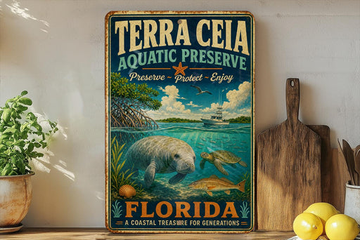 A vintage-style metal sign for the Terra Ceia Aquatic Preserve in Florida, featuring an illustration of a manatee and sea turtle swimming in the ocean.