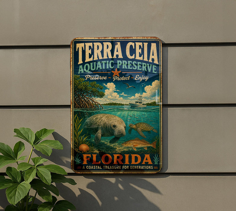 A vintage-style metal sign for Terra Ceia Aquatic Preserve, featuring an illustration of a manatee and other marine life, with the text "Terra Ceia Aquatic Preserve" and "Florida" prominently displayed.