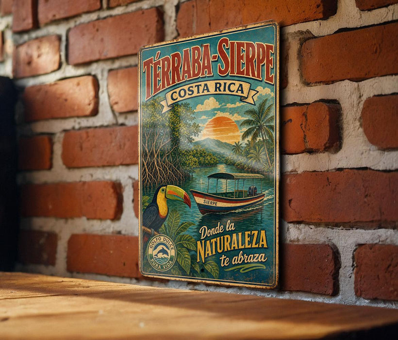 A vintage-style metal sign with a tropical landscape and a boat, mounted on a brick wall.