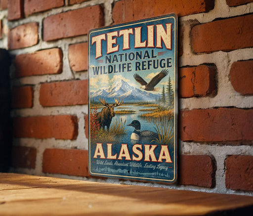 A vintage-style metal sign for the Teltlin National Wildlife Refuge in Alaska, featuring an illustration of wildlife such as a moose, eagle, and loon.