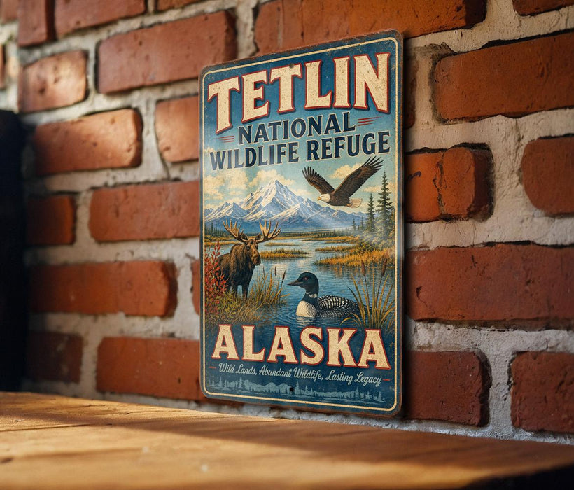 A vintage-style metal sign for the Teltlin National Wildlife Refuge in Alaska, featuring an illustration of wildlife such as a moose, eagle, and loon.