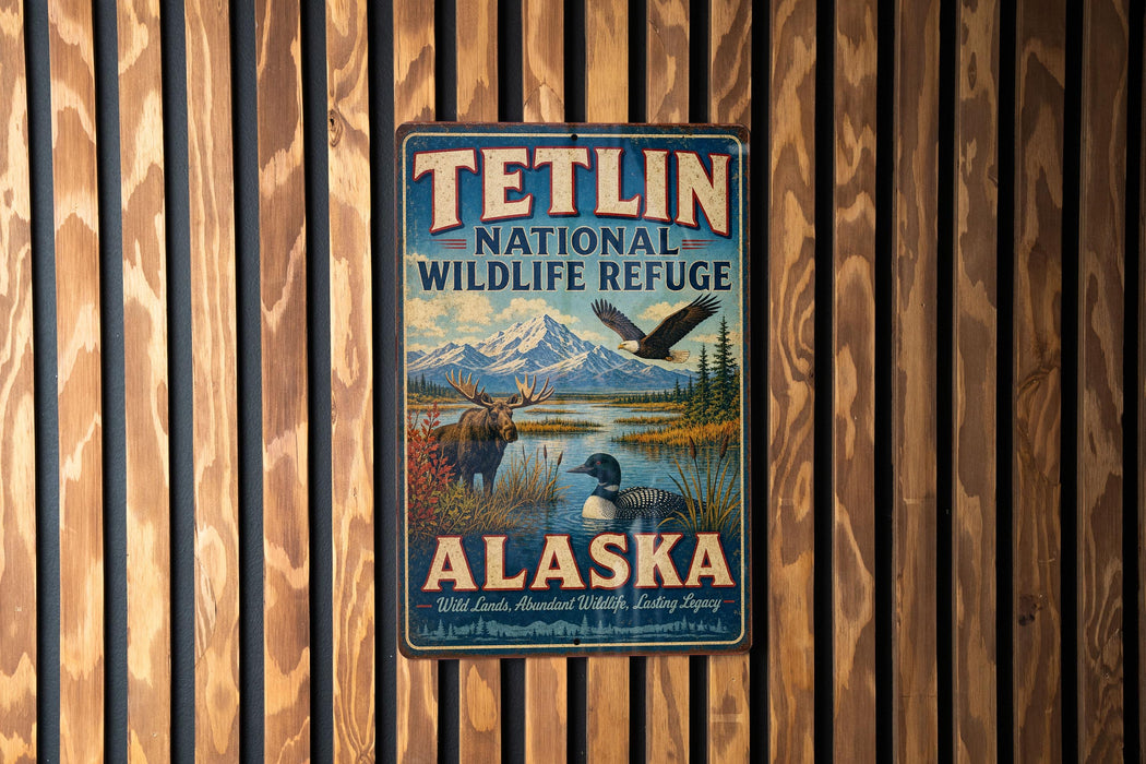 A vintage metal sign for Teltlin National Wildlife Refuge in Alaska, featuring a scenic landscape with a moose, eagle, and other wildlife.