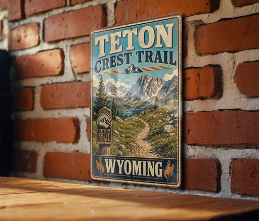 A vintage-style metal sign for the Teton Crest Trail in Wyoming, featuring a scenic mountain landscape and trail map.