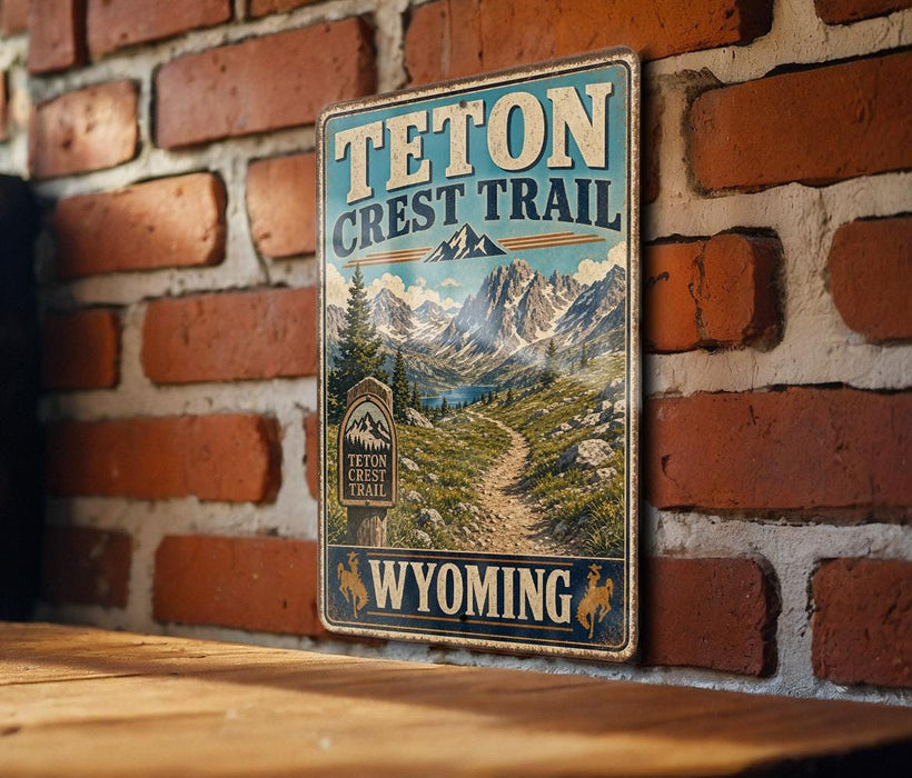 A vintage-style metal sign for the Teton Crest Trail in Wyoming, featuring a scenic mountain landscape and trail map.