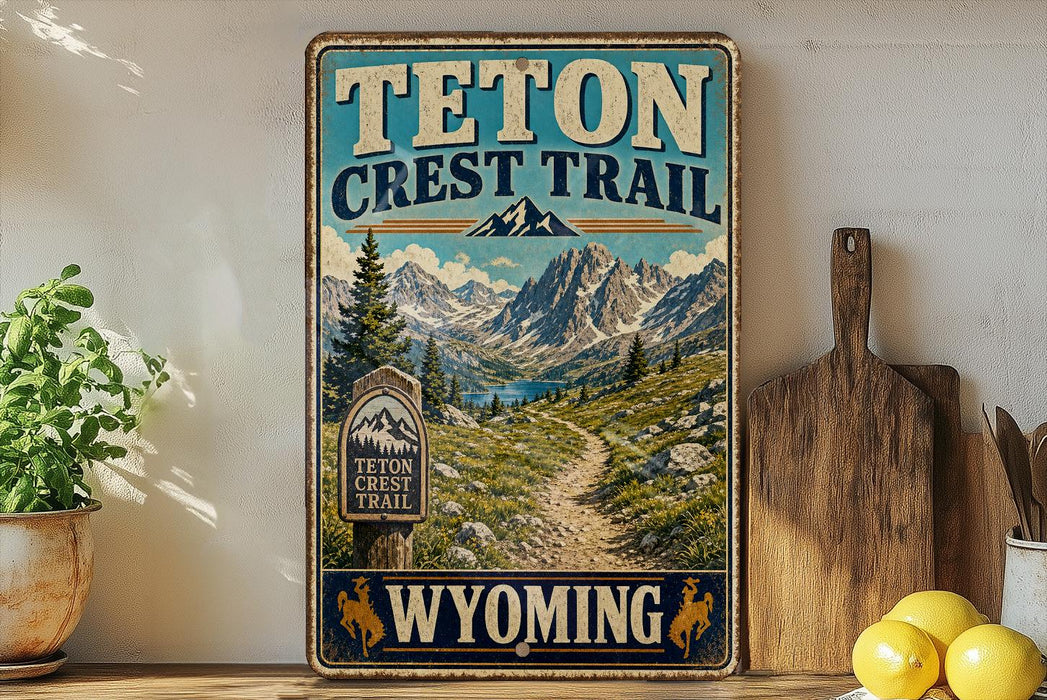 A vintage-style metal sign for the Teton Crest Trail in Wyoming, featuring a scenic mountain landscape with a trail leading through it.