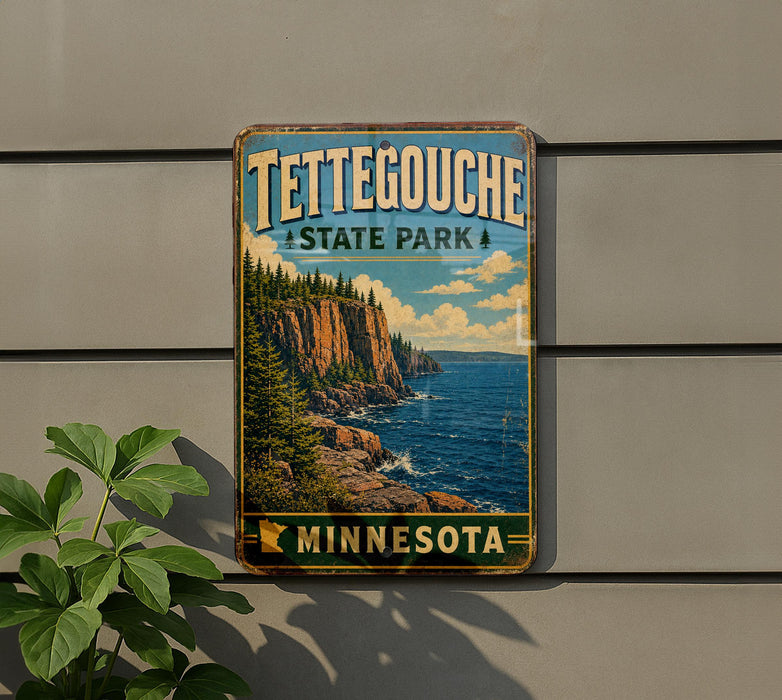 A vintage-style metal sign for Tettegouche State Park in Minnesota, featuring a scenic landscape with a cliff overlooking the water.