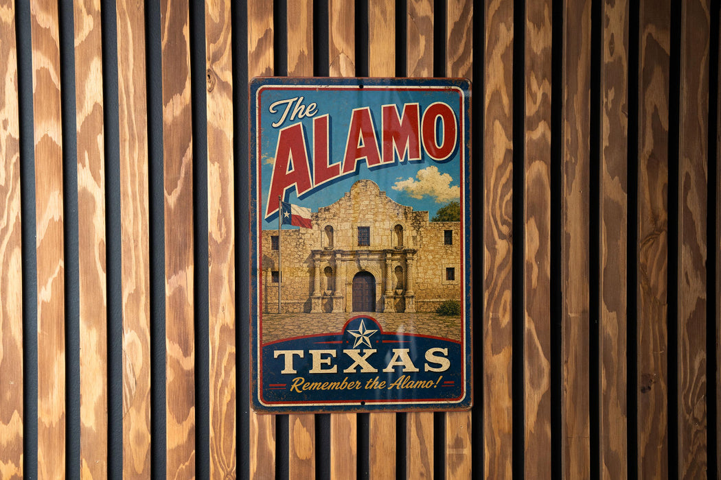 A vintage-style metal sign with the text "The Alamo" and "Texas Remember the Alamo!" displayed on a wooden wall.