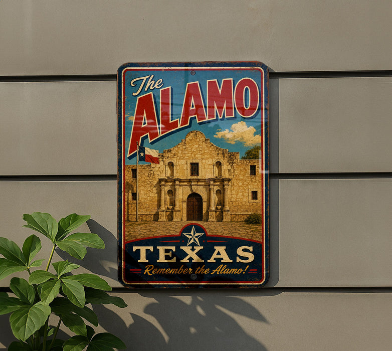 A vintage-style sign for "The Alamo" in Texas, featuring a large image of the historic Alamo building and the text "Remember the Alamo!"