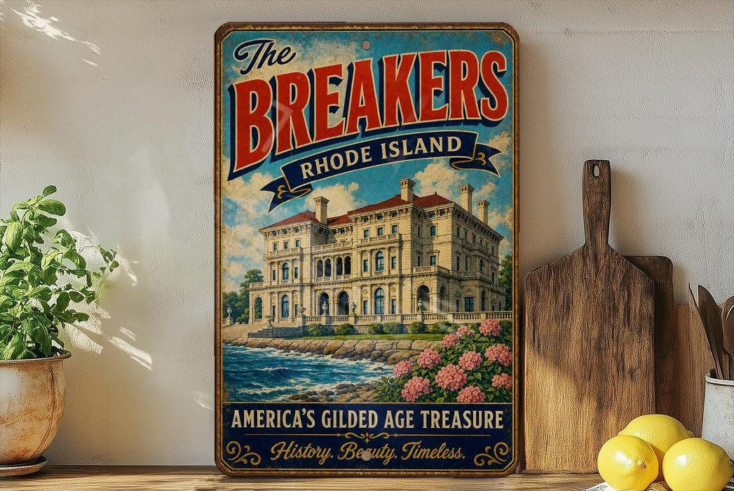 A vintage-style metal sign for "The Breakers" in Rhode Island, featuring an illustration of a grand mansion with a river and flowers in the foreground.