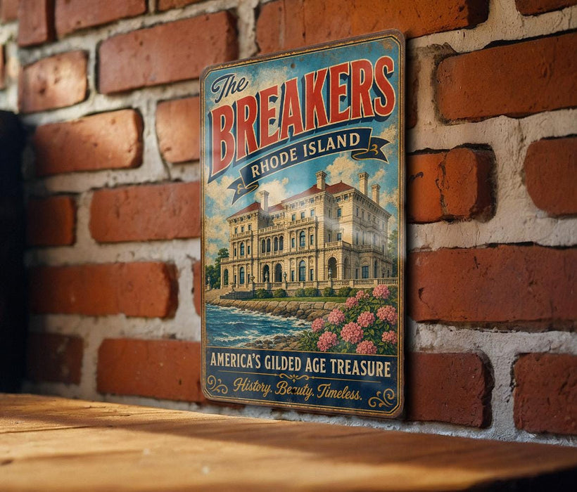A vintage metal sign for "The Breakers" in Rhode Island, featuring an illustration of a building and a river, mounted on a brick wall.