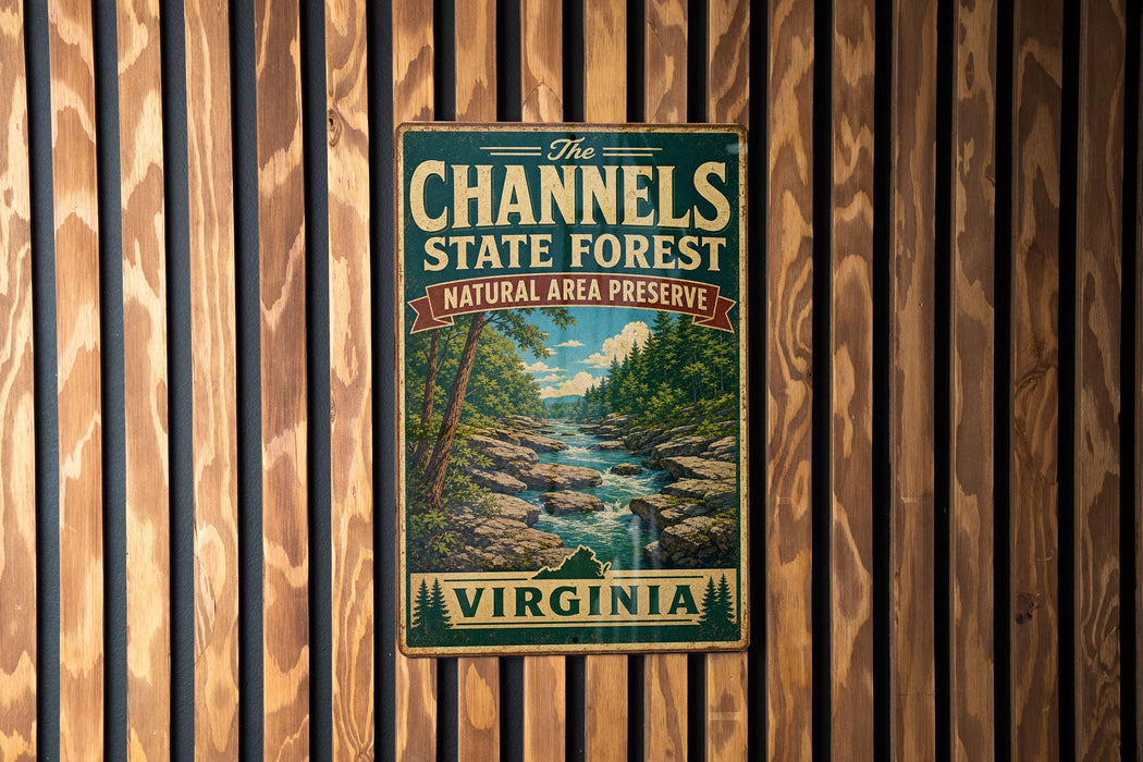 A vintage-style metal sign for the Channels State Forest in Virginia, featuring a scenic landscape with a river and forest.
