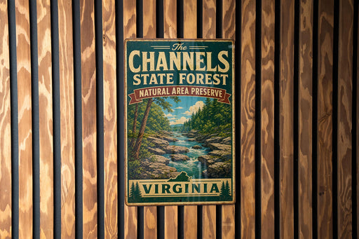 A vintage-style metal sign for the Channels State Forest in Virginia, featuring a scenic landscape with a river and forest.