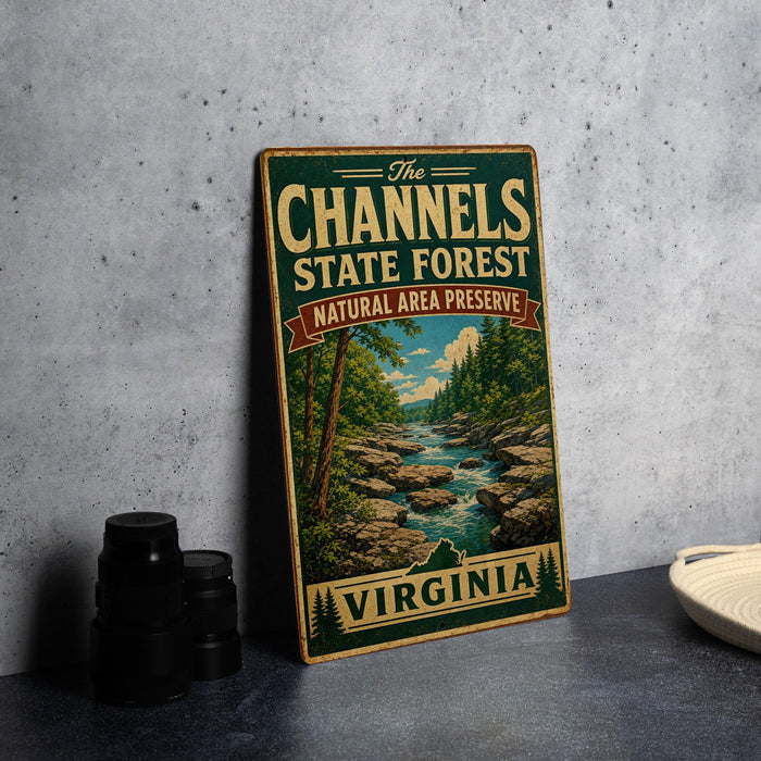A vintage-style sign for "The Channels State Forest" in Virginia, featuring a scenic image of a river and forest.