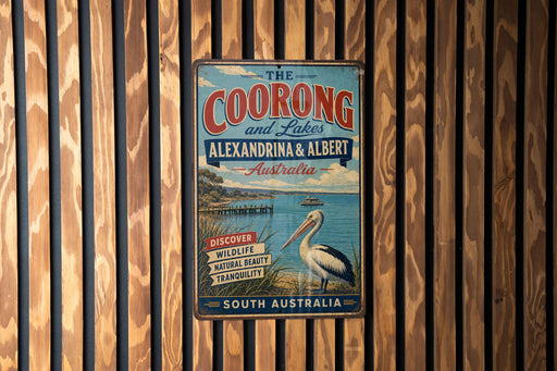 A vintage metal sign for "The Coorong and Lakes" in Australia, featuring a large white bird and text promoting the area's natural beauty, wildlife, and tranquility.