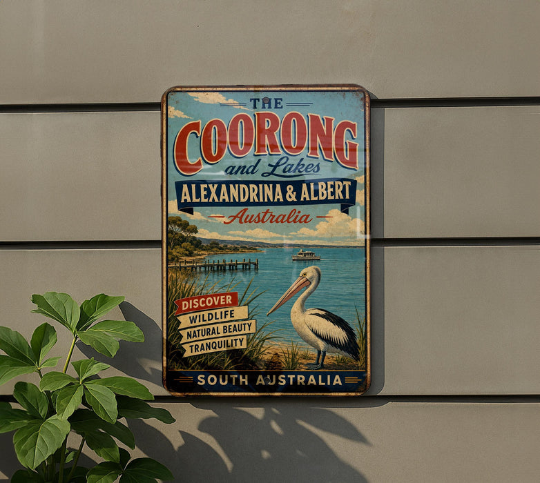 a vintage-style sign for "The Coorong and Lakes" in Australia, with a large white bird, likely a pelican, in the foreground.