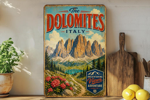 A vintage-style poster of the Dolomites mountain range in Italy, featuring a scenic landscape with mountains, a lake, and colorful flowers.