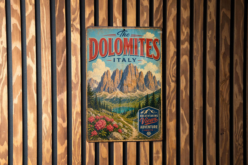 A vintage metal sign with the text "The Dolomites Italy" and a mountain landscape illustration is displayed on a wooden wall.