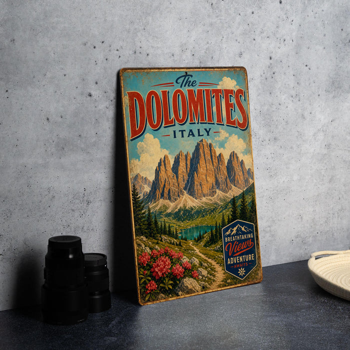A vintage-style metal sign with a mountain landscape and text, placed on a countertop next to some camera equipment.