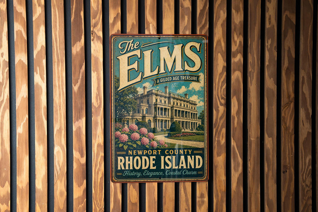 A vintage metal sign with the text "The Elms" and "A Gilded Age Treasure" hangs on a wooden wall.