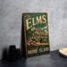 A vintage-style metal sign for "The Elms" in Newport County, Rhode Island, featuring a large image of a building surrounded by flowers.