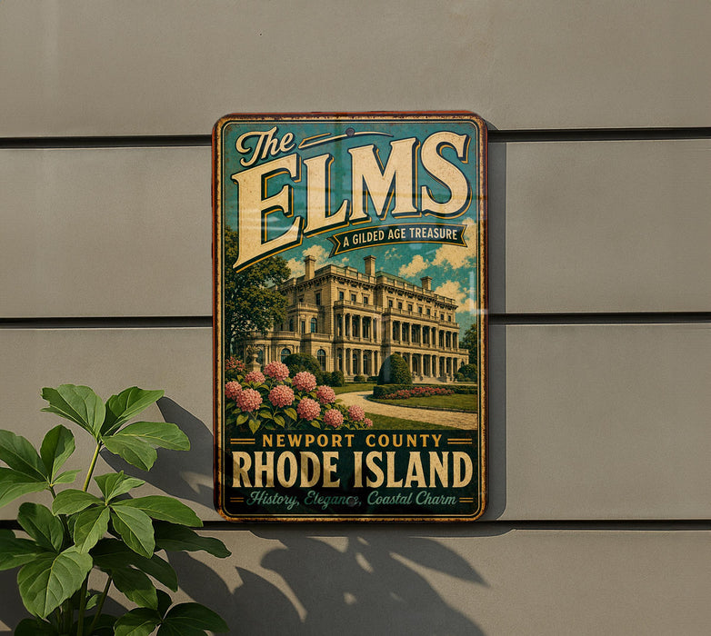 A vintage-style metal sign for "The Elms" in Newport County, Rhode Island, featuring a large building with a prominent tower and surrounded by flowers.