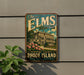 A vintage-style metal sign for "The Elms" in Newport County, Rhode Island, featuring a large building with a prominent tower and surrounded by flowers.
