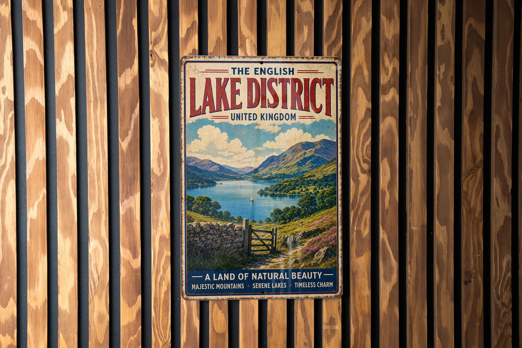 A vintage metal sign for the English Lake District, featuring a scenic landscape with mountains, a lake, and a stone wall.