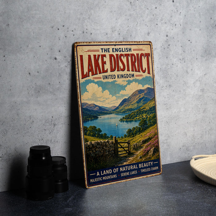 A vintage-style sign for "The English Lake District" in the United Kingdom, featuring a scenic landscape with a lake, mountains, and a wooden gate.