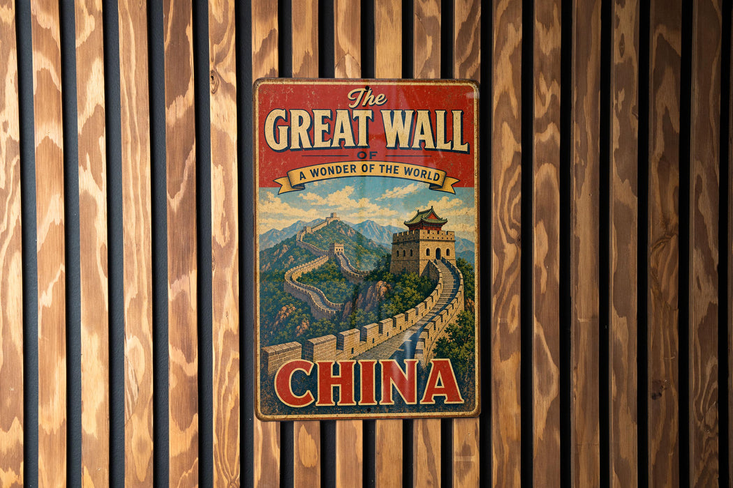 A vintage-style metal sign with the text "The Great Wall of China" and a depiction of the iconic wall, mounted on a wooden wall.