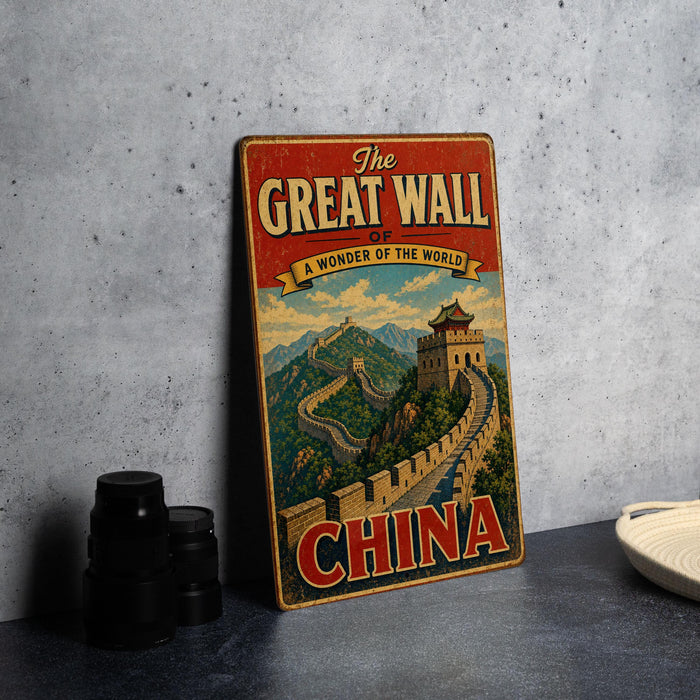 A vintage-style metal sign with the text "The Great Wall of China" and an illustration of the iconic wall, placed on a gray countertop next to some black camera lenses.