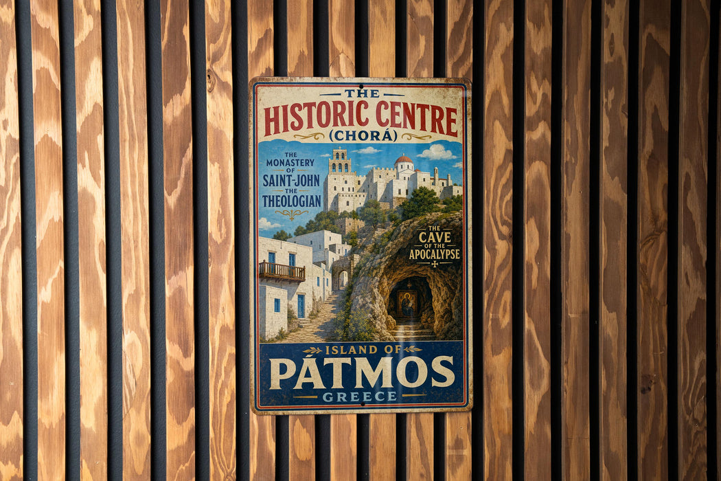 a vintage-style poster advertising "The Historic Centre Chora" in Greece, with a scenic illustration of a town and a cave.